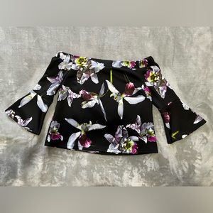 New York & Company Black with Floral Print Off Shoulder Blouse - Women’s Size L
